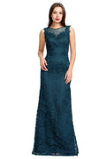 Peacock Lace Sheath Evening Gown with Illusion Neckline and Low Back