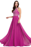 Fuchsia Cutout-Back Beaded Halter Chiffon A-Line Evening Dress