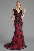 Black-Burgundy Cap-Sleeve Lace and Tulle Mermaid Evening Dress