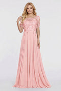 Pearl Pink Illusion-Sleeve Lace and Chiffon A-Line Mother of the Bride Gown