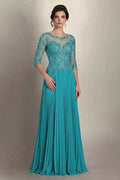 Aquamarine 3/4-Sleeve Lace and Pleated Chiffon Mother of the Bride Gown