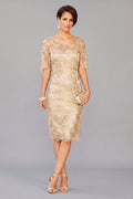 Champagne Short Half-Sleeve Lace Sheath Mother of the Bride Dress