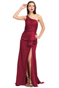 Burgundy One-Shoulder Stretch Satin Sheath Evening Gown with Ruffle Slit and Back Cutout
