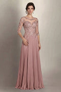 Dusty Rose 3/4-Sleeve Lace and Pleated Chiffon Mother of the Bride Gown