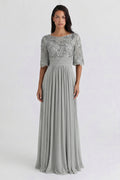Silver Bell-Sleeve Chiffon Mother of the Bride Dress with Lace Bodice