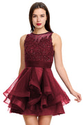 Burgundy Tiered Tulle A-Line Homecoming Dress with Illusion Lace Bodice