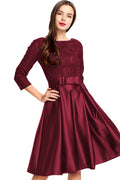 Burgundy 3/4-Sleeve Lace and Pleated Satin Homecoming Dress with Waist Bow
