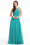 Aquamarine Halter Chiffon A-Line Evening Dress with Keyhole Neckline