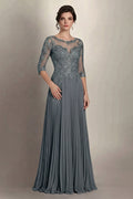 Steel Grey 3/4-Sleeve Lace and Pleated Chiffon Mother of the Bride Gown