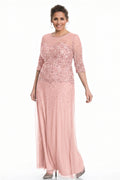 Pearl Pink Half-Sleeve Sequin and Tulle Column Mother of the Bride Gown