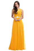 Butterscotch Ruched Chiffon A-Line Evening Dress with Illusion Neckline