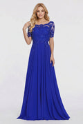 Royal Blue Illusion-Sleeve Lace and Chiffon A-Line Mother of the Bride Gown
