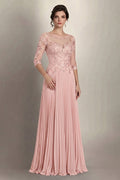 Pearl Pink 3/4-Sleeve Lace and Pleated Chiffon Mother of the Bride Gown