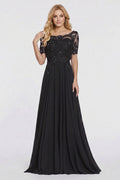 Black Illusion-Sleeve Lace and Chiffon A-Line Mother of the Bride Gown