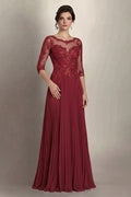Burgundy 3/4-Sleeve Lace and Pleated Chiffon Mother of the Bride Gown