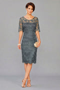 Steel Grey Short Half-Sleeve Lace Sheath Mother of the Bride Dress
