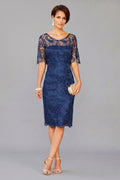Navy Short Half-Sleeve Lace Sheath Mother of the Bride Dress