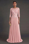 Pearl Pink Half-Sleeve Lace and Pleated Chiffon Mother of the Bride Dress