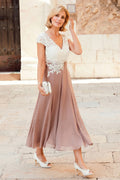 Tea-Length Cap-Sleeve Lace and Chiffon Mother of the Bride Dress