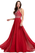 Ruby Red Cutout-Back Beaded Halter Chiffon A-Line Evening Dress