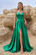 Green Pleated V-Neck Stretch Satin A-Line Prom Dress with High Slit