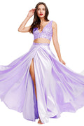Lilac Two-Piece Beaded Stretch Satin A-Line Prom Dress with Slit