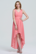 Coral Gathered V-Neck High-Low Chiffon A-Line Bridesmaid Dress