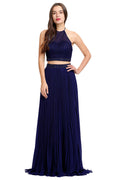 Navy Open-Back Two-Piece Pleated Chiffon A-Line Prom Dress