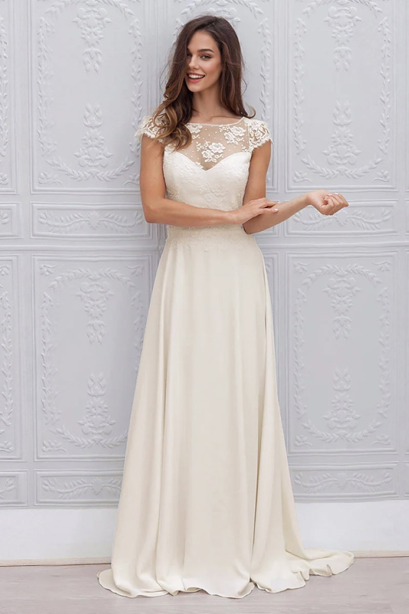 chiffon wedding dress with cap sleeves Simple A-line Chiffon Wedding Dresses Cap Sleeve V-neck Bohemian Beach  Bridal Gowns,MW335
