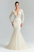 Ivory Long-Sleeve Plunging Lace Mermaid Wedding Dress