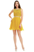 Yellow Illusion-Back Lace-Applique Chiffon A-Line Homecoming Dress