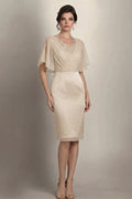Flutter-Sleeve Lace-Inset Chiffon Sheath Mother of the Bride Dress