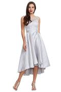 Silver High-Low Satin Cocktail Dress with Lace Bodice, Pleats and Pockets