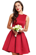 Ruby Red Short Pleated Satin A-Line Homecoming Dress with Waist Rosette