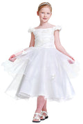 Ivory Off-the-Shoulder Organza Flower Girl Dress with Floral Appliques