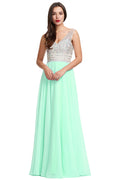 Green Low-Back Beaded V-Neck Chiffon A-Line Prom Dress