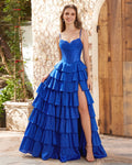 Royal Blue Tiered Ruffle Chiffon and Satin Corset Prom Dress with Lace Trim and Slit
