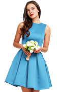 Blue Short Pleated Satin A-Line Homecoming Dress with Waist Rosette