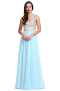 Ivory-Sky Blue Low-Back Beaded V-Neck Chiffon A-Line Prom Dress