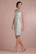 Silver Cap-Sleeve Illusion-Neck Lace Sheath Mother of the Bride Dress