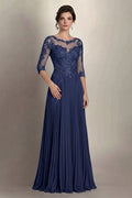 Navy 3/4-Sleeve Lace and Pleated Chiffon Mother of the Bride Gown