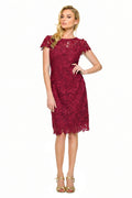 Burgundy Keyhole-Back Cap-Sleeve Lace Sheath Mother of the Bride Dress