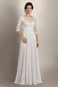 Ivory 3/4-Sleeve Lace and Pleated Chiffon Mother of the Bride Gown