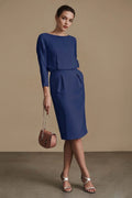 Navy 3/4-Sleeve Chiffon Sheath Cocktail Dress with Twisted Back Cutout