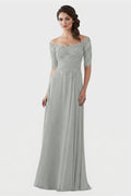 Silver Off-the-Shoulder Lace and Chiffon Mother of the Bride Gown