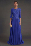 Royal Blue Half-Sleeve Lace and Pleated Chiffon Mother of the Bride Dress
