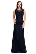 Dark Navy Lace Sheath Evening Gown with Illusion Neckline and Low Back