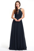 Black Halter Chiffon A-Line Evening Dress with Keyhole Neckline