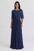 Navy Bell-Sleeve Chiffon Mother of the Bride Dress with Lace Bodice