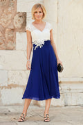 Ivory-Royal Blue Tea-Length Cap-Sleeve Lace and Chiffon Mother of the Bride Dress